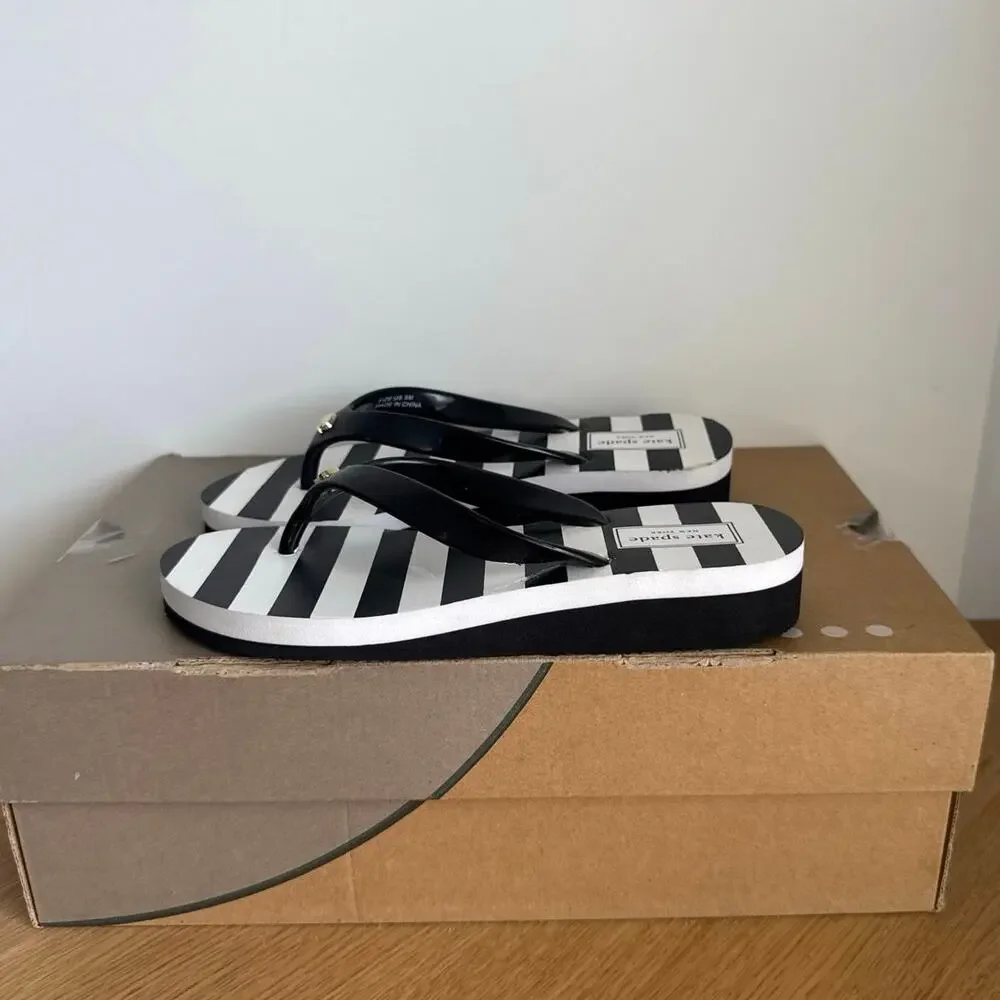 Kate Spade Black/White Striped Women Wedge Sandals - SZ 5